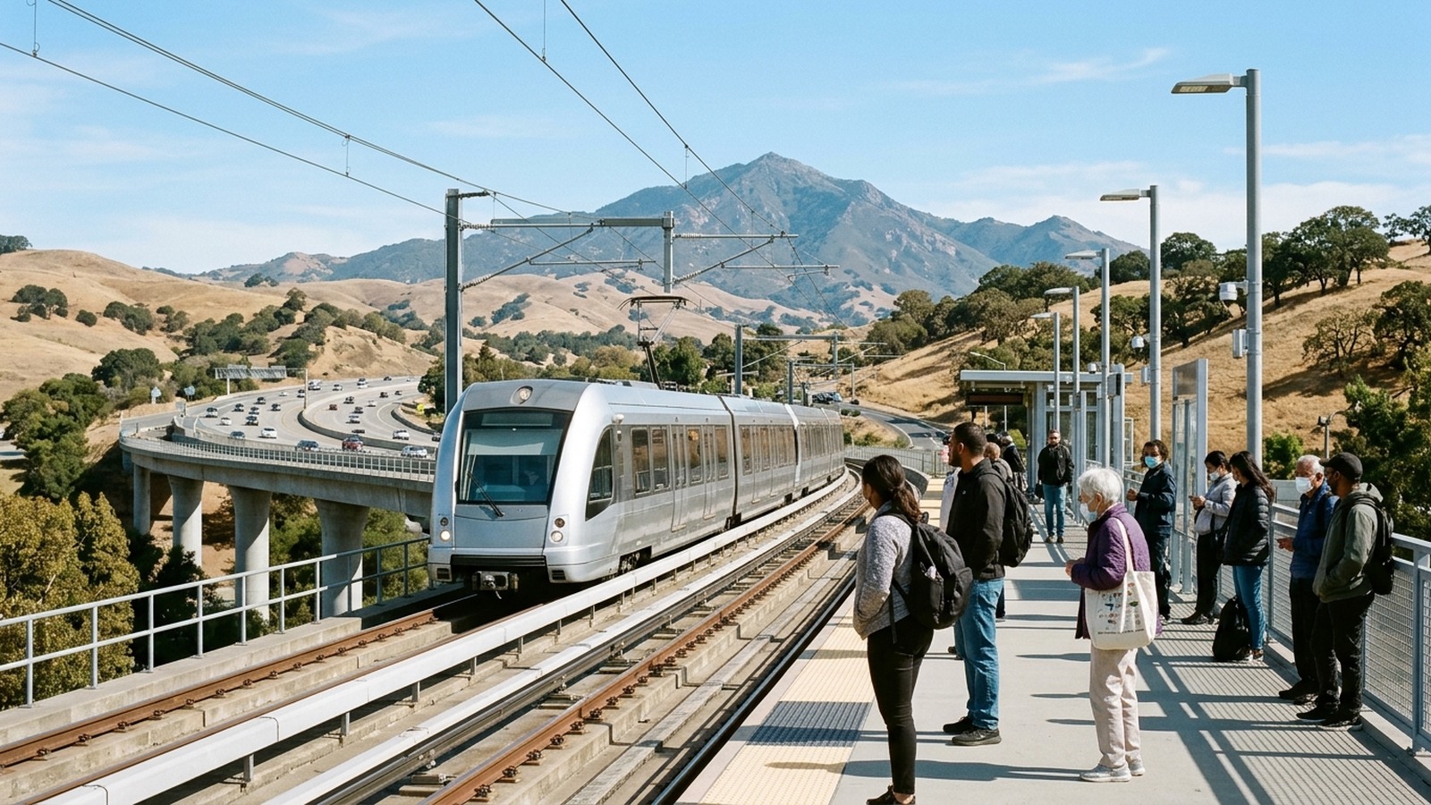 Commuters walking between a modern electric commuter train on an elevated platform and a municipal transit bus below